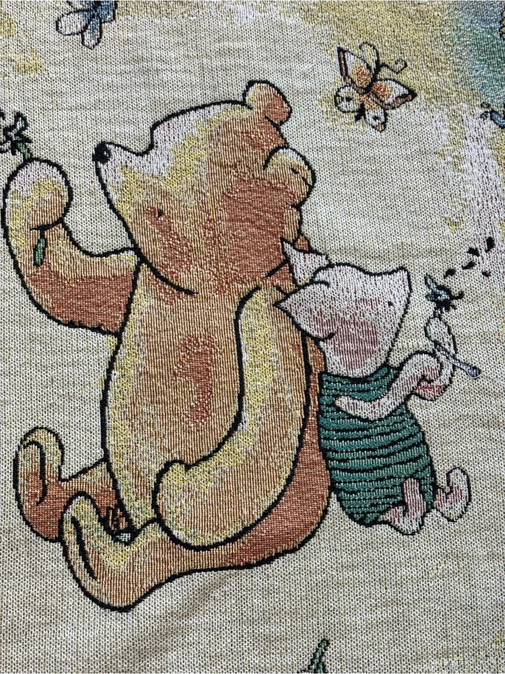 Vintage Disney Winnie Pooh Piglet Woven Tapestry Throw Blanket Fringe Edges